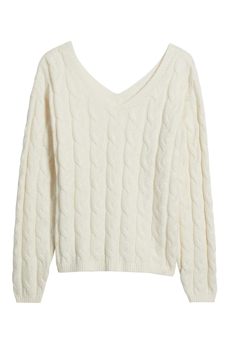 Cable Knit V-Neck Cotton Blend Sweater, Alternate, color, IVORY ANTIQUE