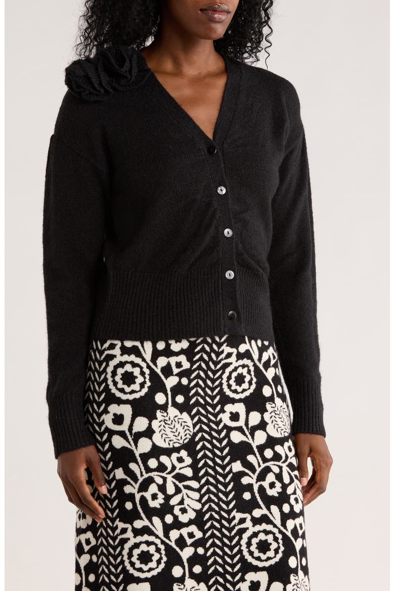 Metallic Rosette Cardigan, Main, color, BLACK