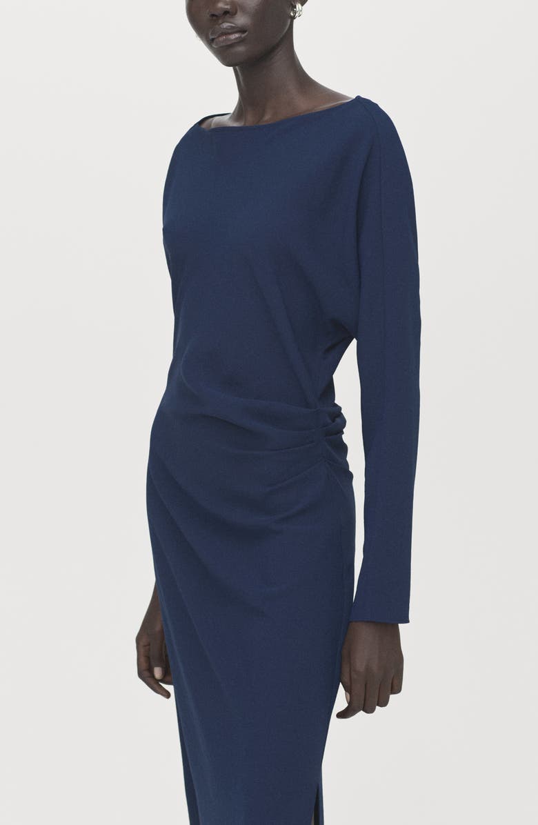 MANGO Side Ruched Long Sleeve Dress, Alternate, color, Navy