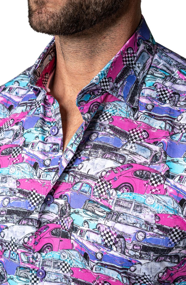 Maceoo Fibonacci Retro Cars Contemporary Fit Button-Up Shirt, Alternate, color, Blue Multi