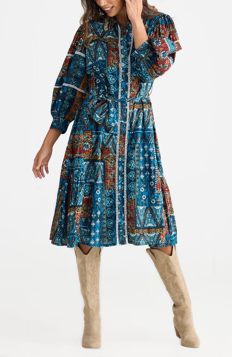 Talisman the Label Castella Patchwork Print Long Sleeve Cotton Shirtdress, Alternate, color, Sicilian Patchwork