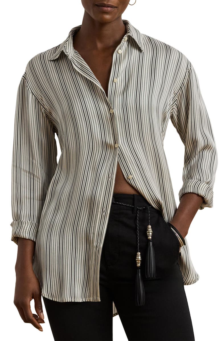 Lauren Ralph Lauren Stripe Relaxed Fit Satin Button-Up Shirt, Main, color, Cream/ Black