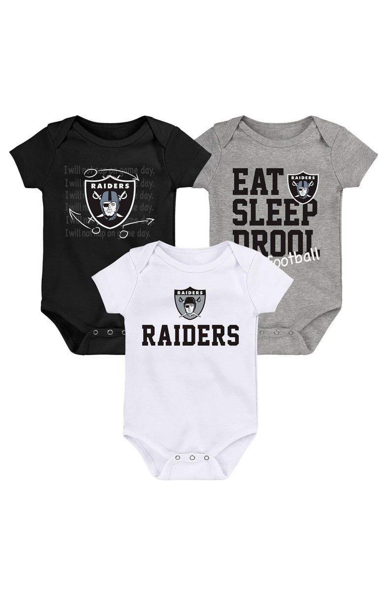 Outerstuff Newborn & Infant Black/White/Heather Gray Las Vegas Raiders Three-Pack Eat, Sleep & Drool Retro Bodysuit Set, Main, color, Black