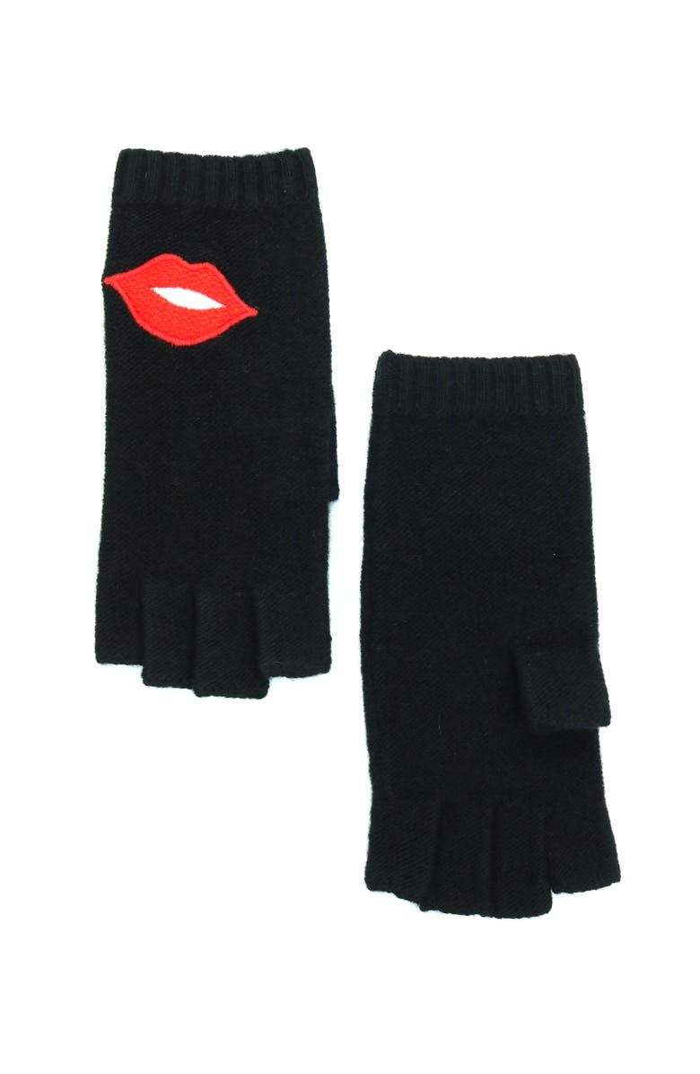 Portolano Cashmere fingerless gloves with lips design, Main, color, Black/Cherry Red