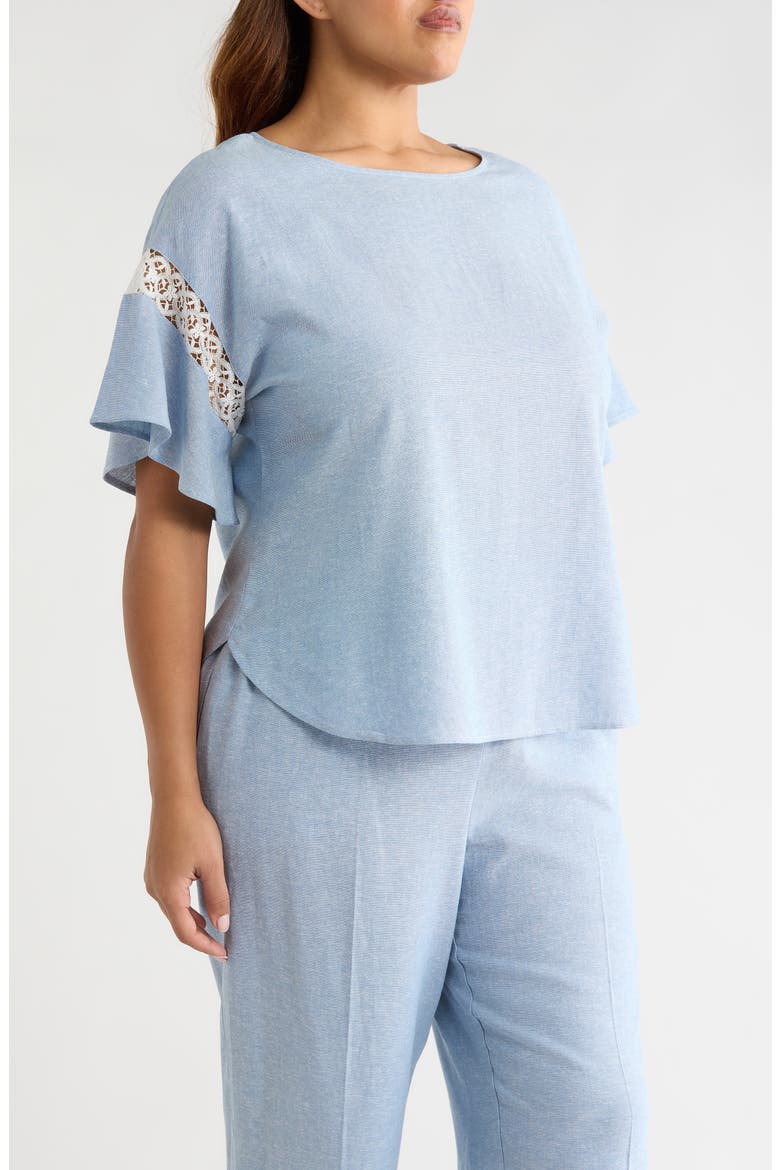 Lace Trim Flutter Sleeve Linen Blend Top, Alternate, color, LAGOON/ CRISP WHITE
