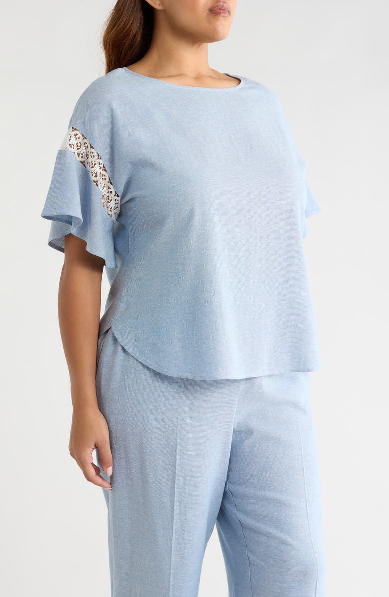 Anne Klein Lace Trim Flutter Sleeve Linen Blend Top, Alternate, color, Lagoon/ Crisp White