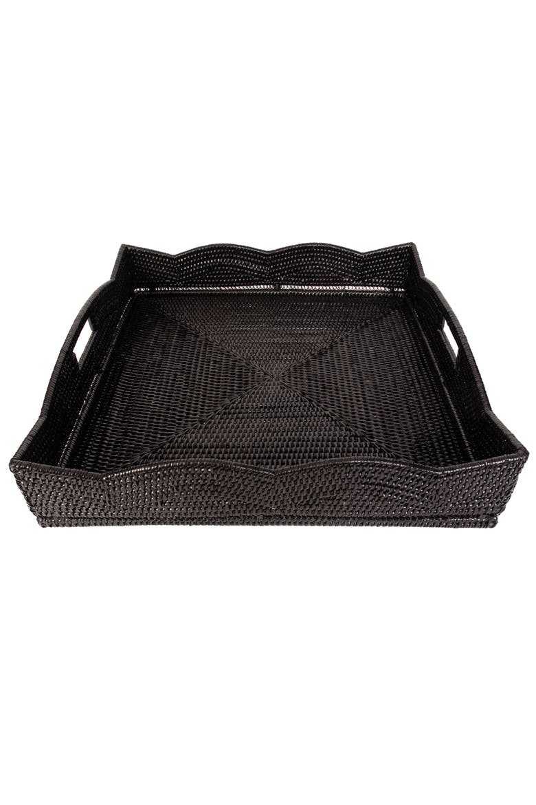 Artifacts Rattan Scallop Square Tray With Glass Insert, Alternate, color, Tudor Black