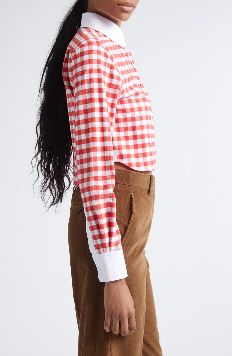 Thom Browne 4-Bar Gingham Check Flannel Crop Button-Up Shirt, Alternate, color, Red