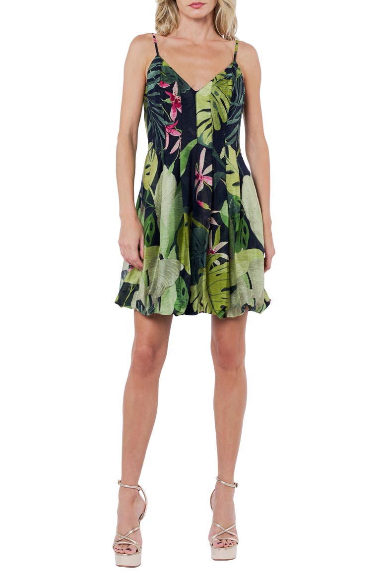 Nola Tropical Print Bubble Hem Minidress, Main, color, BLACK MULTI