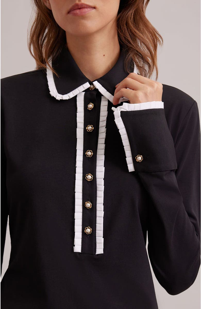 Anne Fontaine Women's Dress Estampe Black Long Sleeve Dress Featuring Classic Collar And Half-Placket With Pleated Trims, Alternate, color, Black