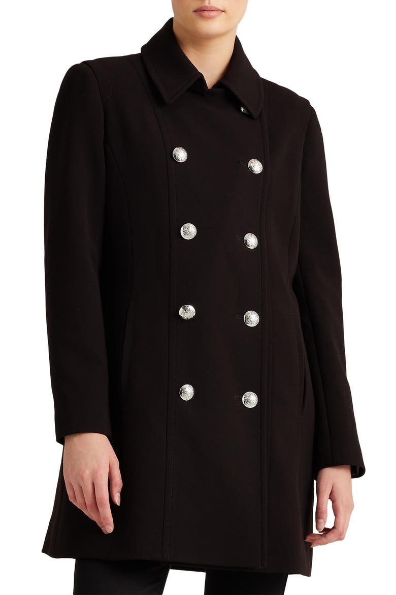 Elongated Double Breasted Crepe Peacoat, Main, color, BLACK