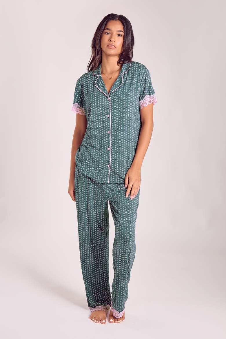 Viscose Lace-Trim Pajama Set with Cropped Pants, Alternate, color, Green-Pink