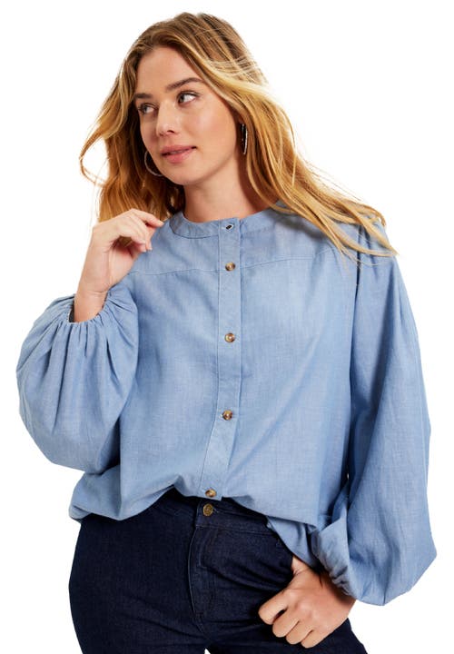 June + Vie Puff Sleeve Chambray Jacket In Blue