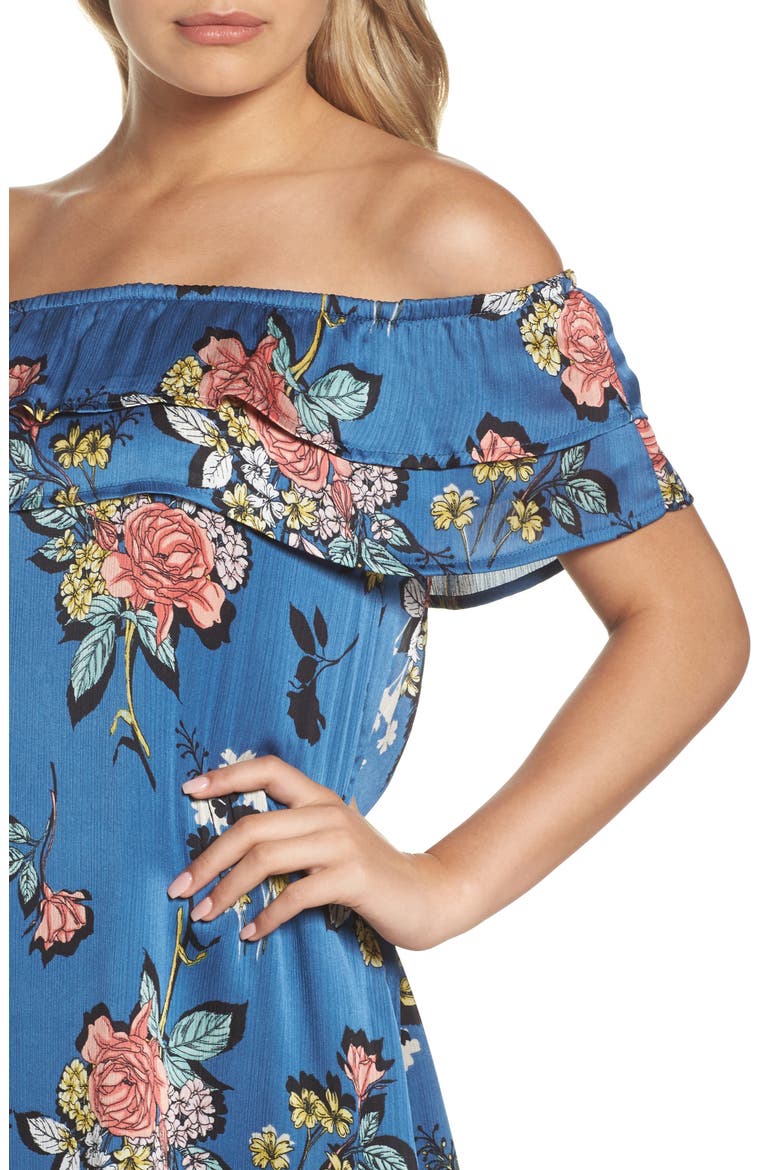 Off the Shoulder Ruffle Dress, Alternate, color, CHARCOAL FLOWER BLUE