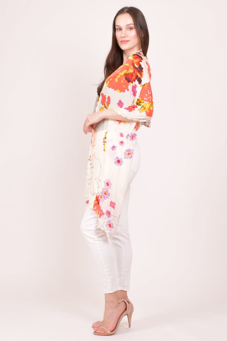 Printed Silk Scarf with Asymmetric Cutwork Border, Alternate, color, White