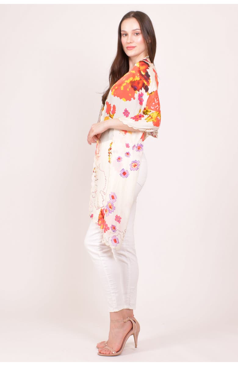 RAAS Printed Silk Scarf with Asymmetric Cutwork Border, Alternate, color, White