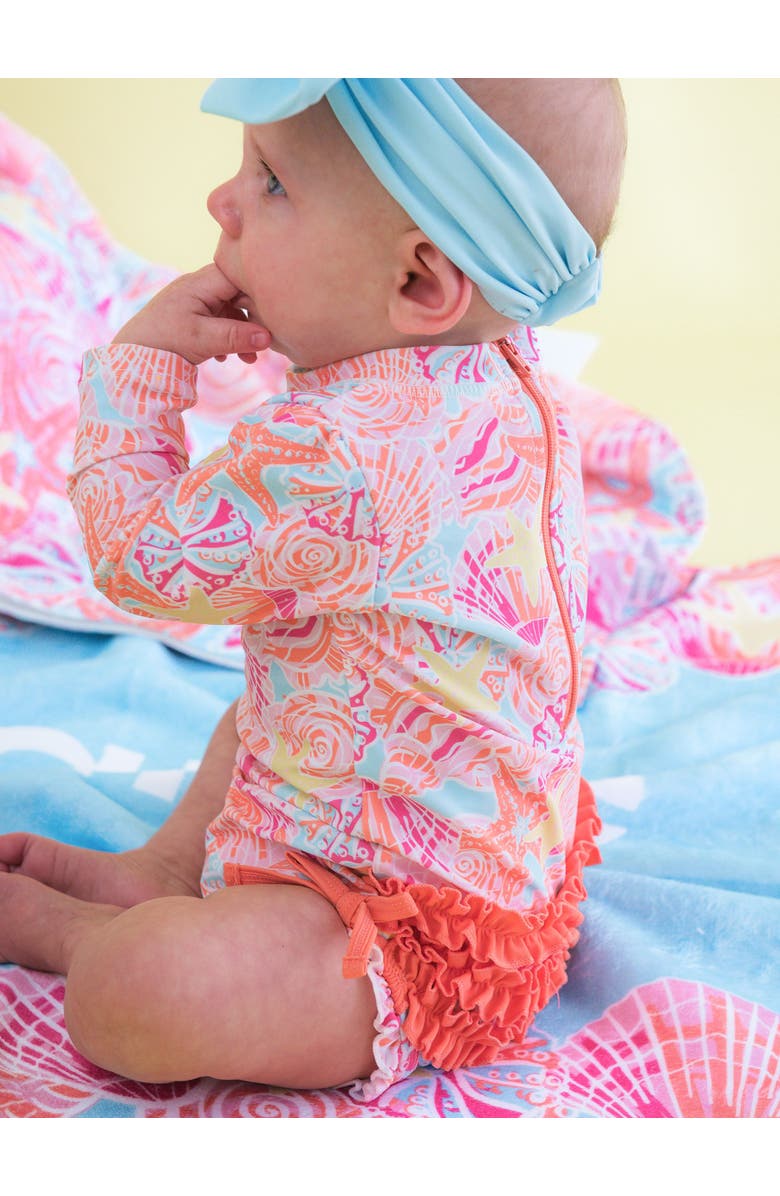 RuffleButts Baby Girls Tropical Long Sleeve UPF50+ One Piece Rash Guard, Alternate, color, Sunset Seashells