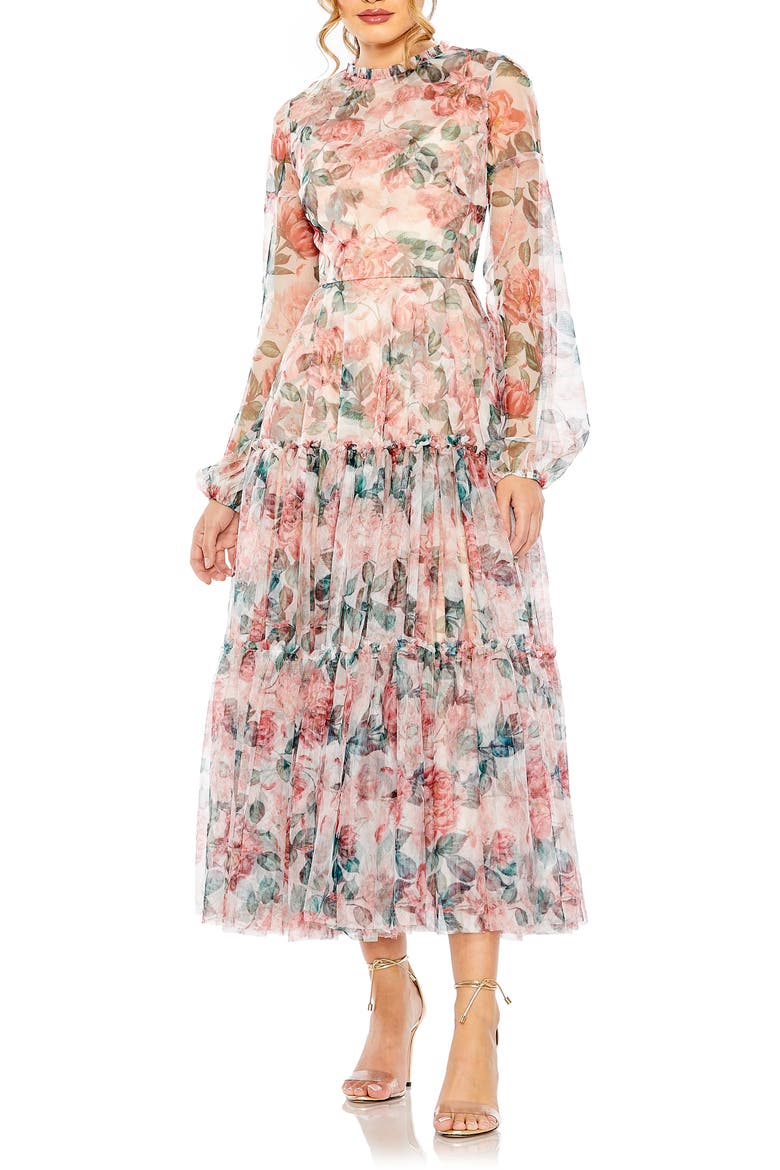 Long Sleeve High Neck Long Balloon Sleeve Midi Dress, Main, color, WHITE MULTI