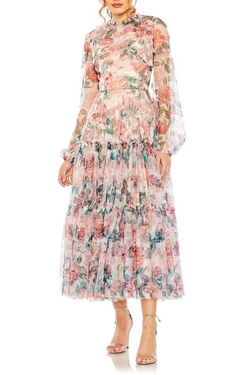 Long Sleeve High Neck Long Balloon Sleeve Midi Dress