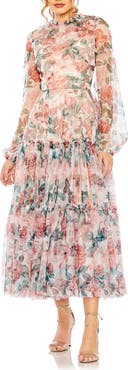 Mac Duggal Long Sleeve High Neck Long Balloon Sleeve Midi Dress
