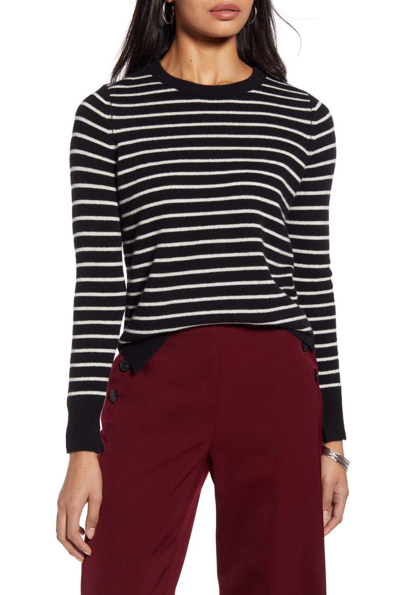 Crewneck Cashmere Sweater, Main, color, BLACK- IVORY UNEVEN STRIPE