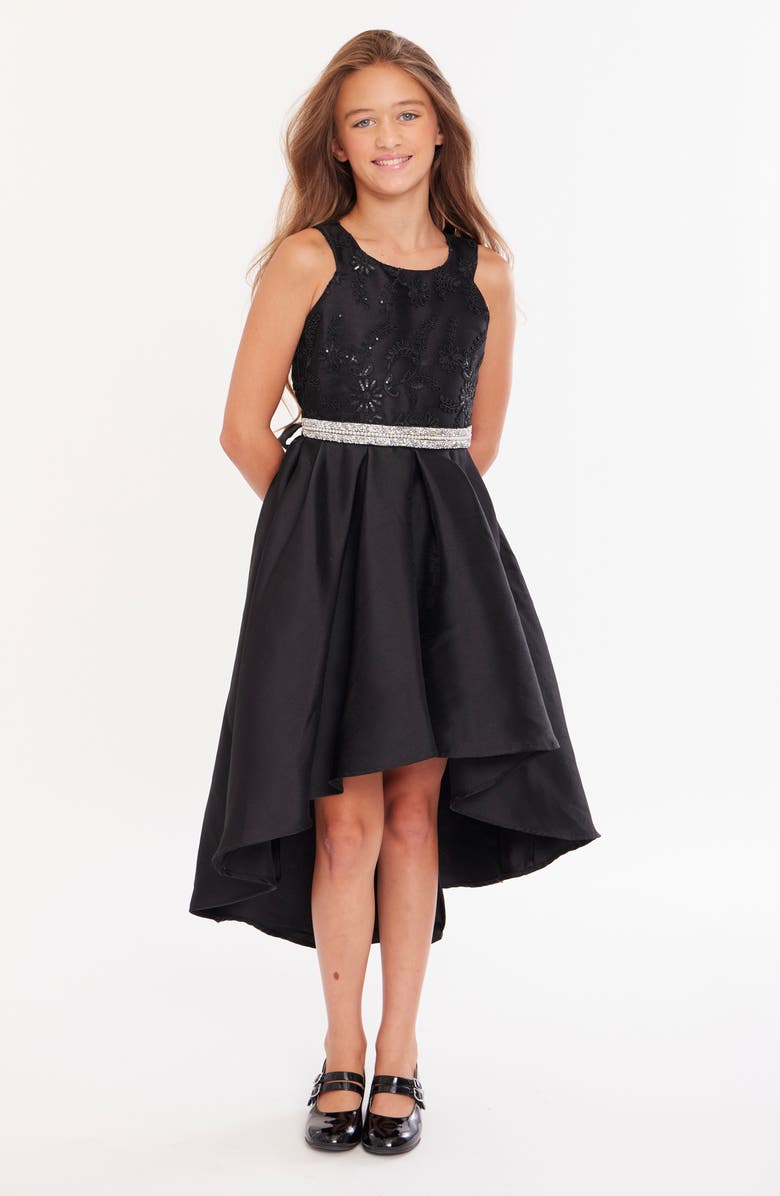 Bonnie Jean Kids' Sequin Lace Belted High-Low Party Dress, Alternate, color, Black