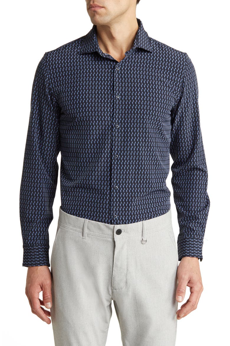 Geo Print Stretch Button-Down Shirt, Main, color, BLACK