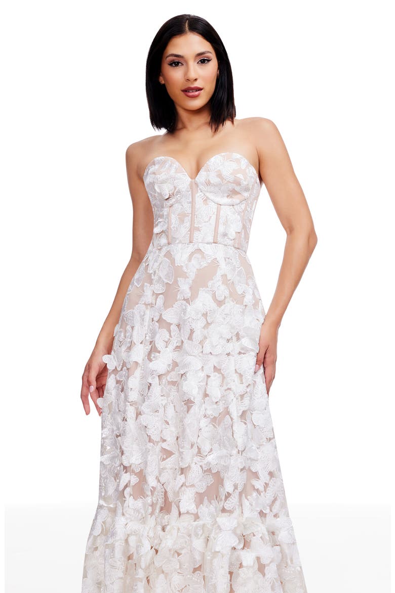 Carina Butterfly Appliqué Strapless Cocktail Midi Dress, Alternate, color, WHITE-BEIGE