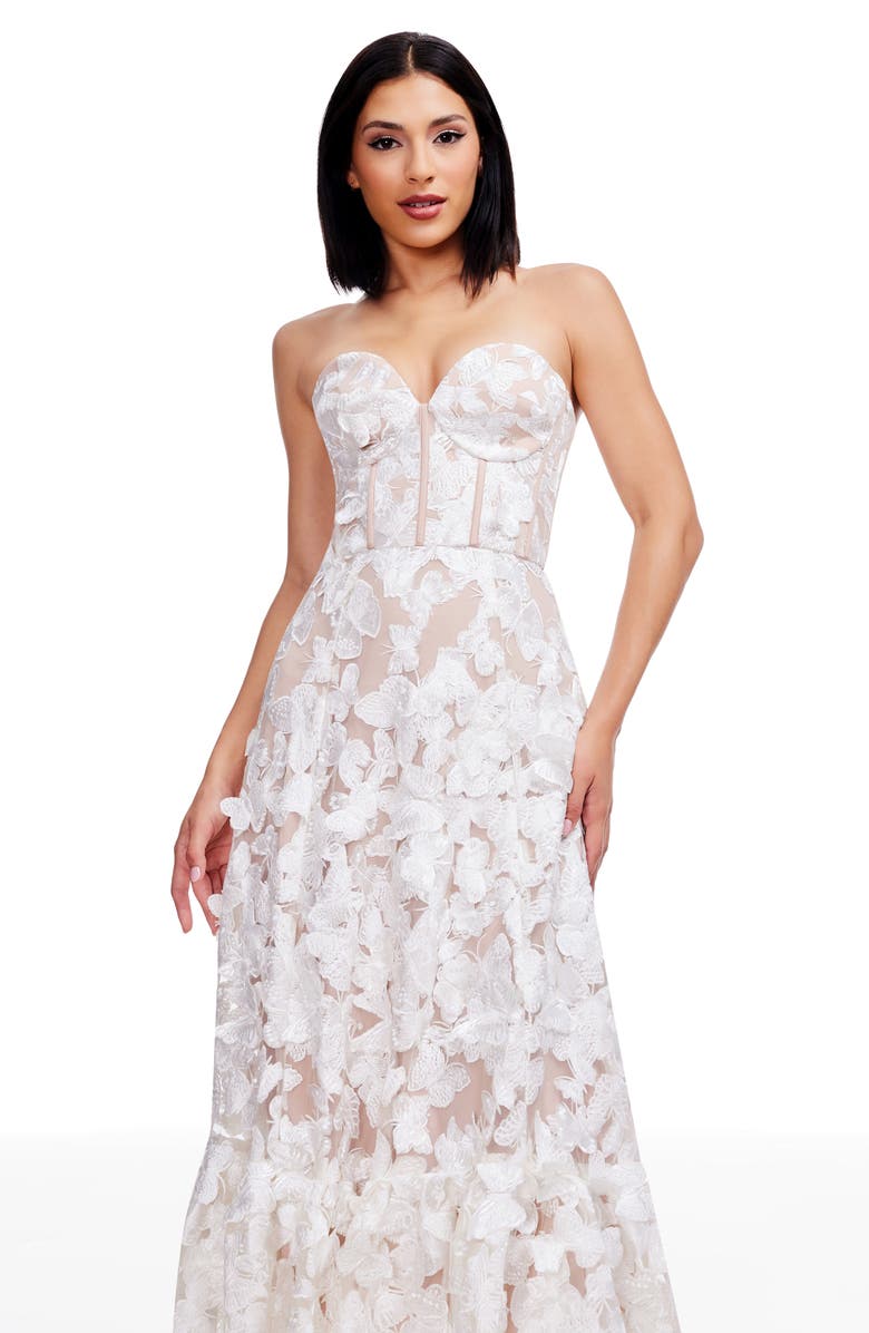 Dress the Population Carina Butterfly Appliqué Strapless Cocktail Midi Dress, Alternate, color, White-Beige