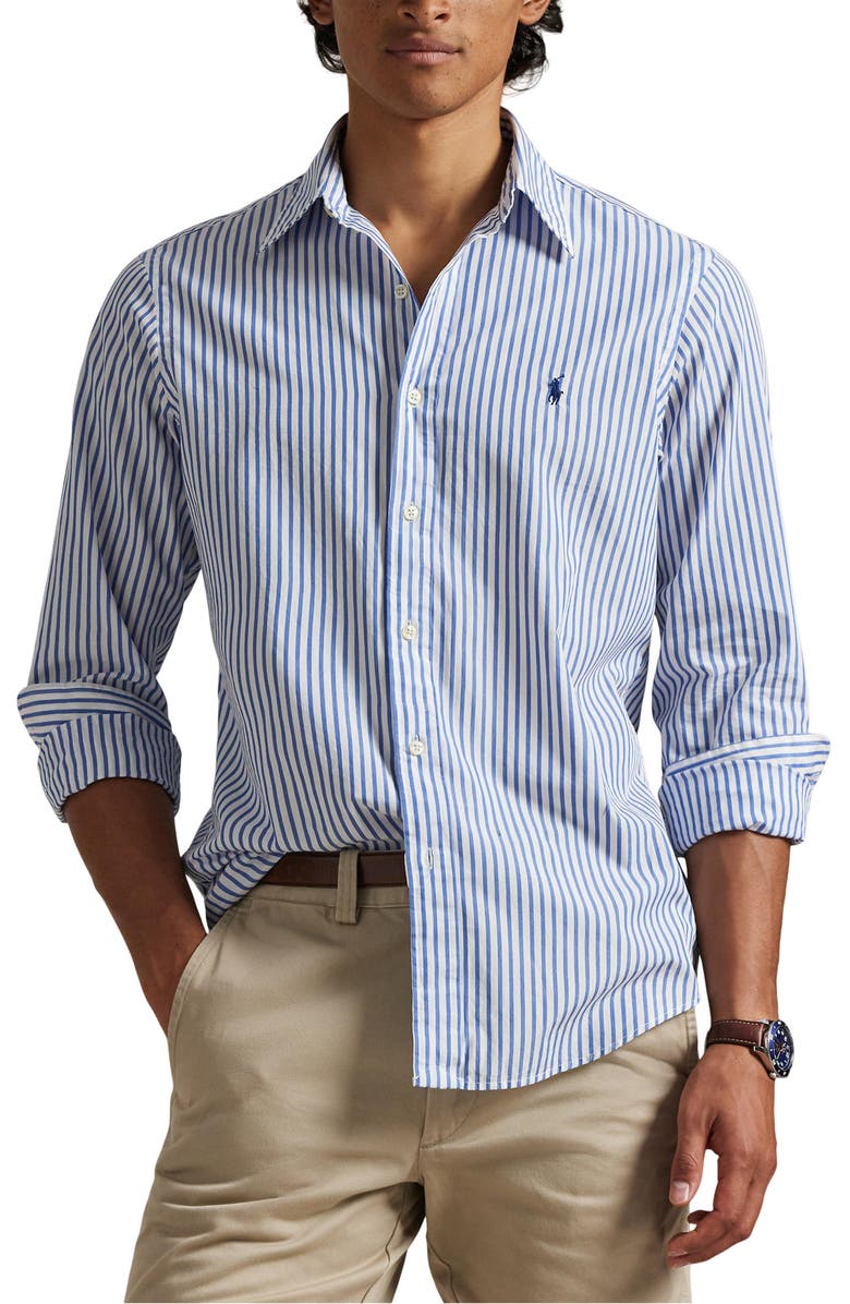 Polo Ralph Lauren Classic Fit Stripe Cotton Broadcloth Button-Down Shirt, Main, color, White/ Blue