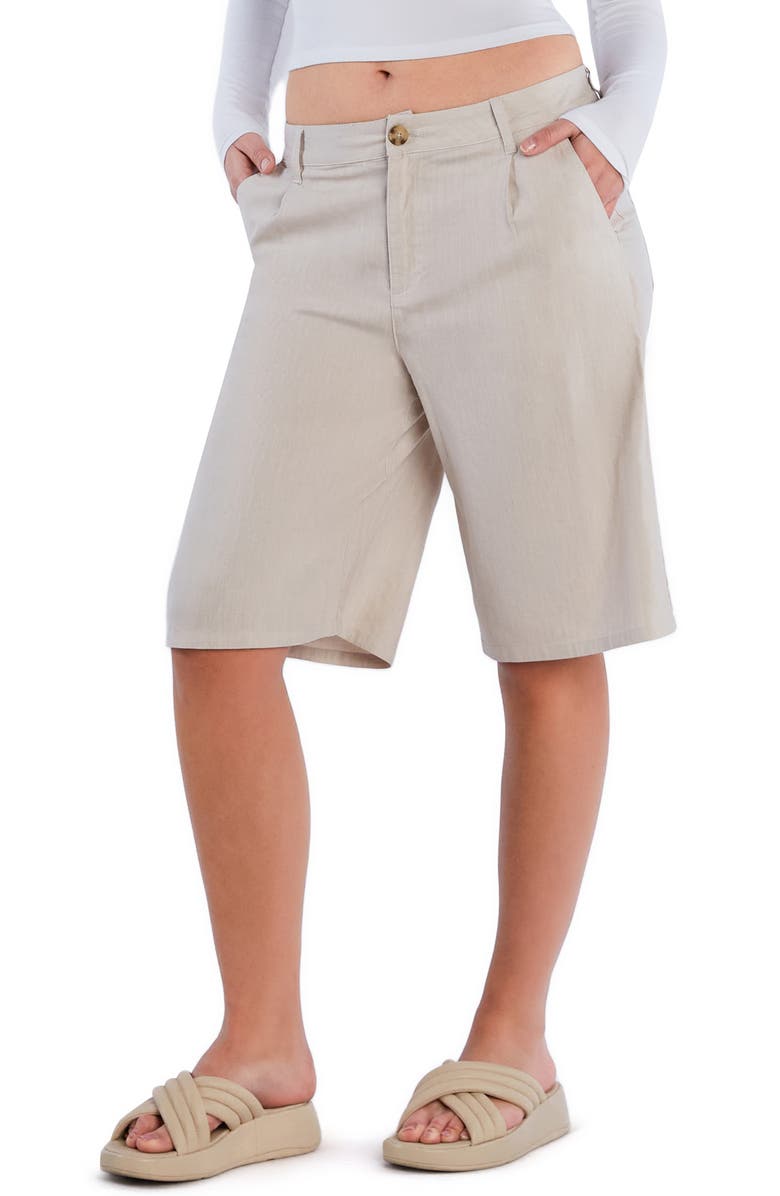 HINT OF BLU Chill Pleated Mid Rise Denim Bermuda Shorts, Alternate, color, Moonbeam