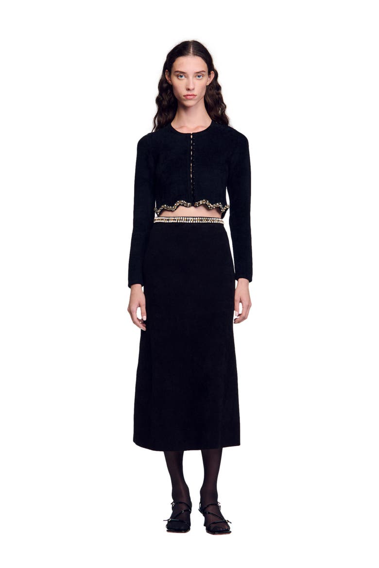 Short rhinestone velvet knit cardie, Main, color, Black