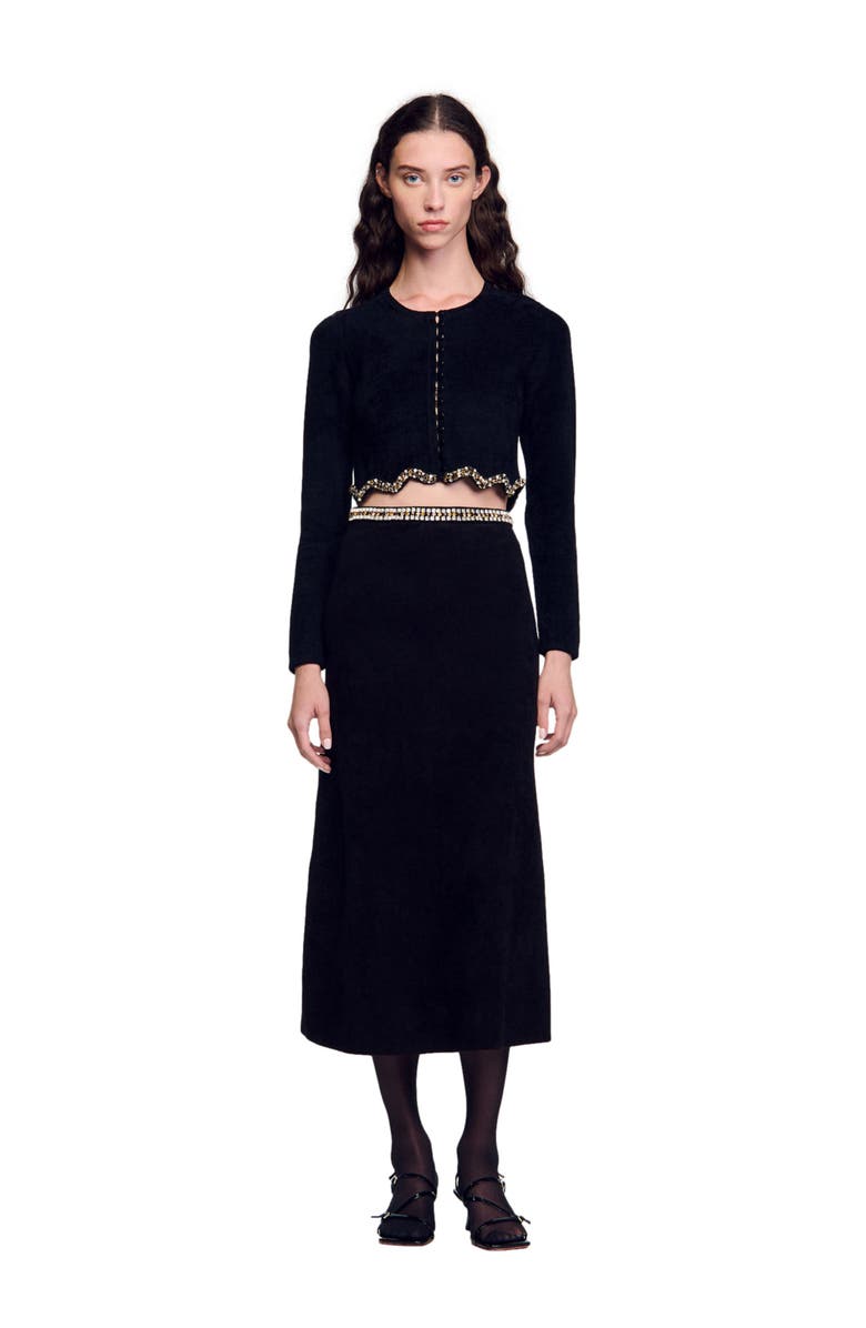 SANDRO Short rhinestone velvet knit cardie, Main, color, 