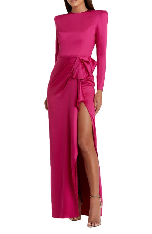 Mac Duggal Long Sleeve Structured Bow Draped Gown In Magenta