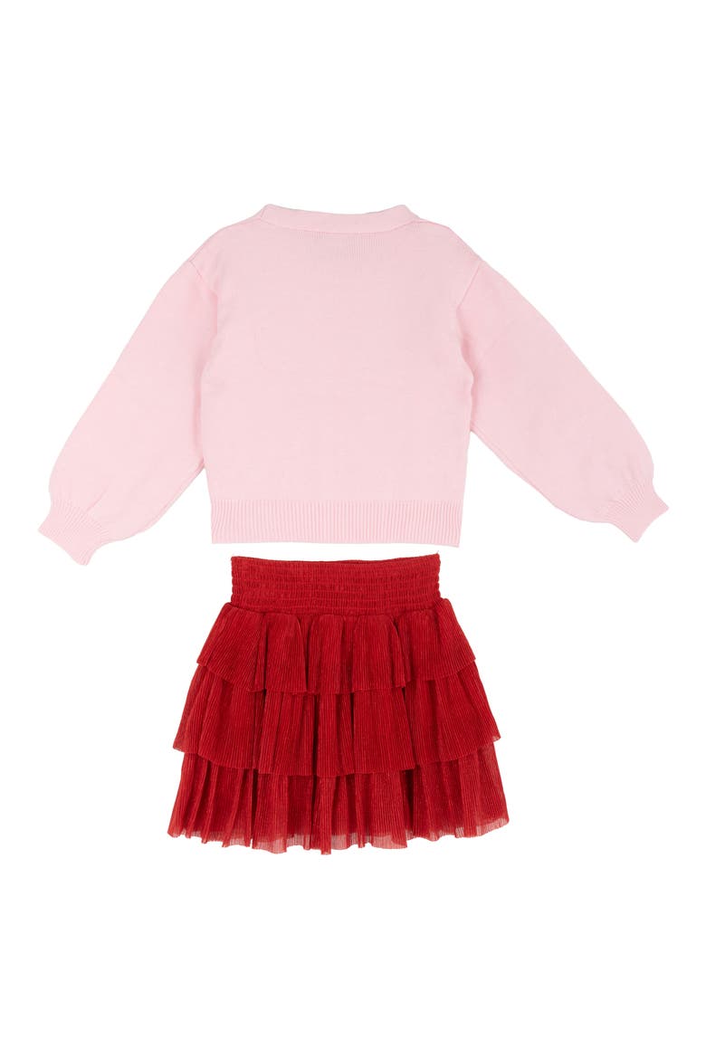 Kids' 3-Piece Gingerbread Appliqué Cardigan Top & Skirt Set, Alternate, color, LIGHT PINK