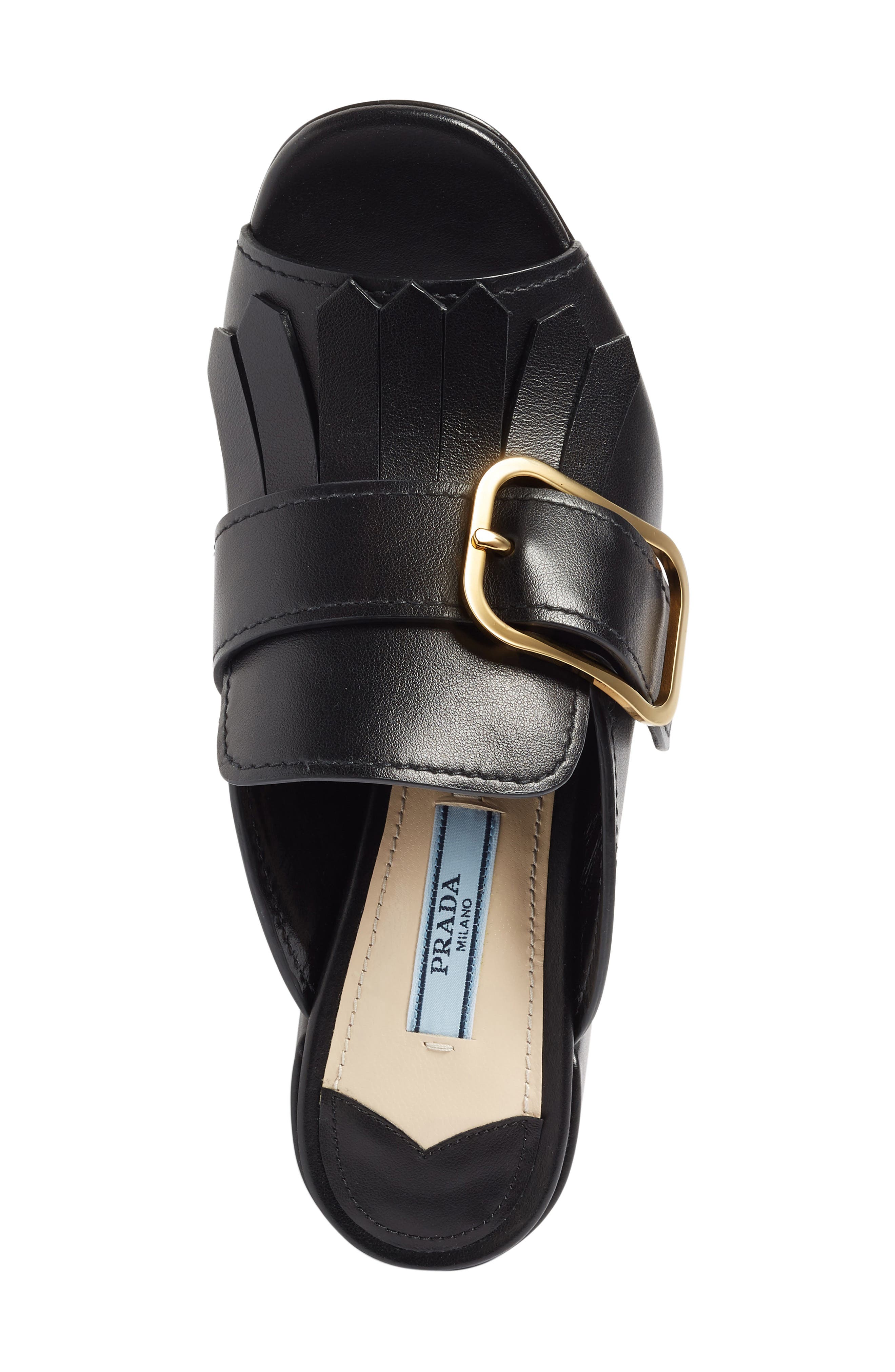 Prada Kiltie Fringe Buckle Strap Mule, Alternate, color, 