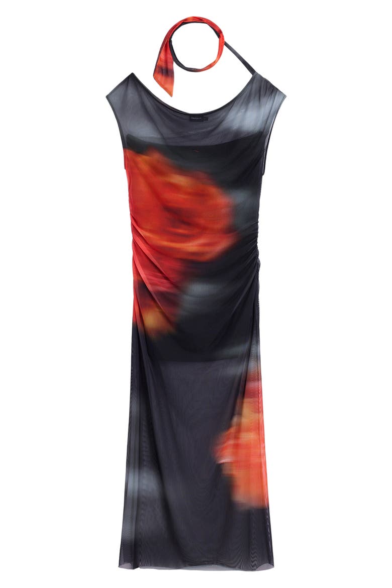 Carolina One Shoulder Mesh Midi Dress, Alternate, color, BLACK