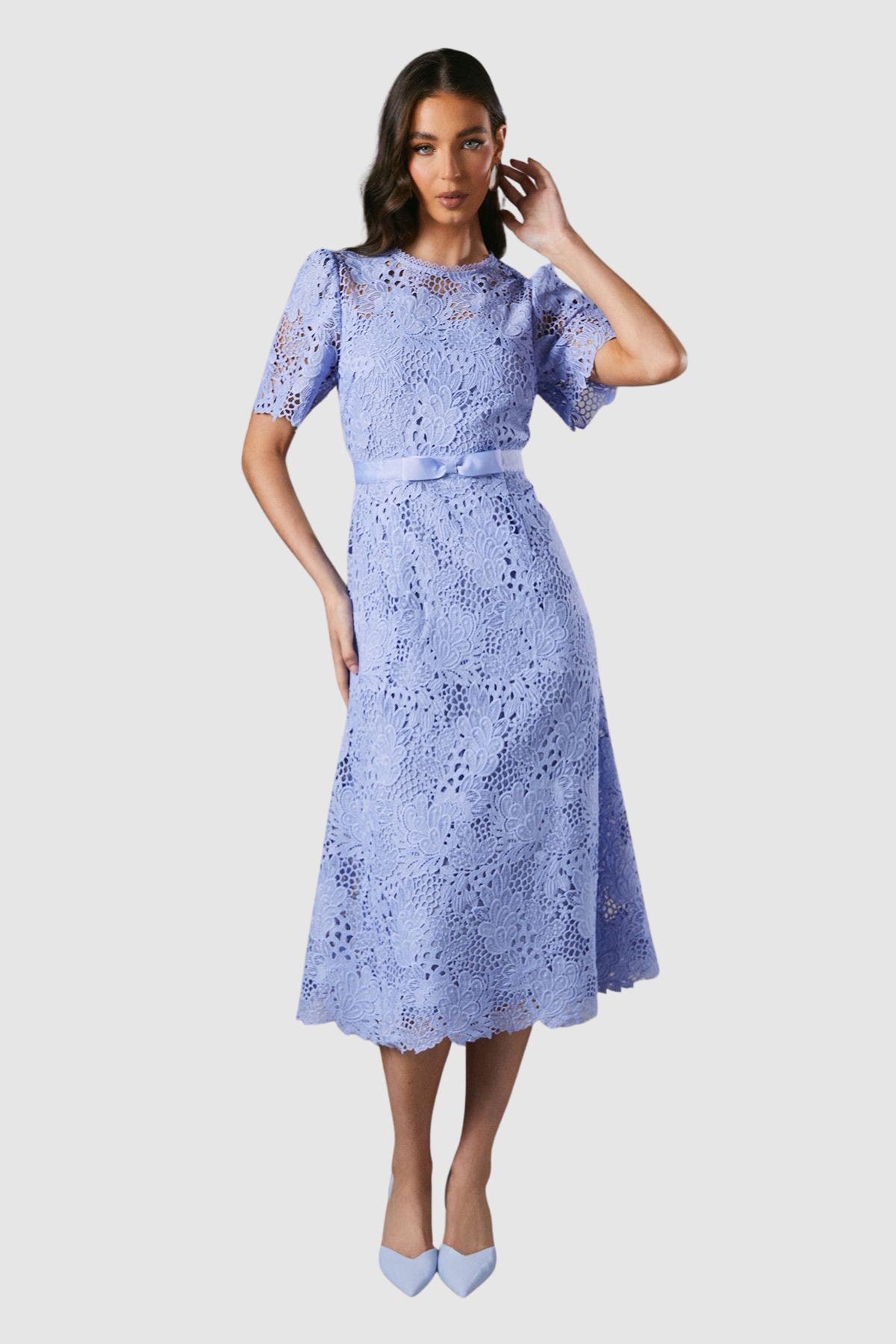 Lace Midi Dress With Bow Belt