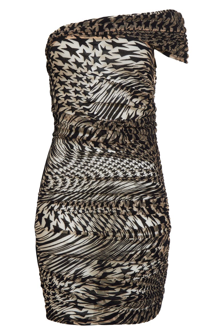 Icon Star Flocked Off the Shoulder Illusion Mesh Minidress, Alternate, color, 2308 NUDE 01 / BLACK