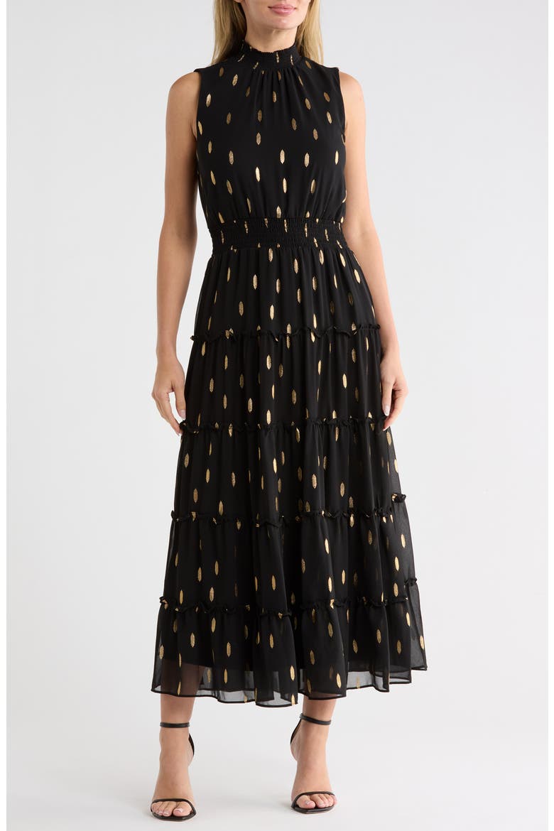 Print Smocked Mock Neck Tiered Maxi Dress, Main, color, BLACK/GOLD