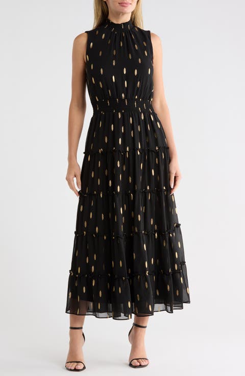 Print Smocked Mock Neck Tiered Maxi Dress