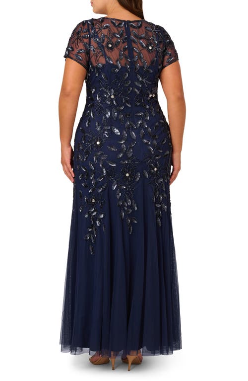 Adrianna Papell Beaded Floral Godet Gown In Light Navy