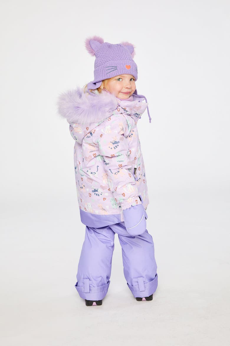 Discover Cats Faux Fur Hood Jacket & Suspender Pants Two Piece Snowsuit, Alternate, color, Purple Printed Cats