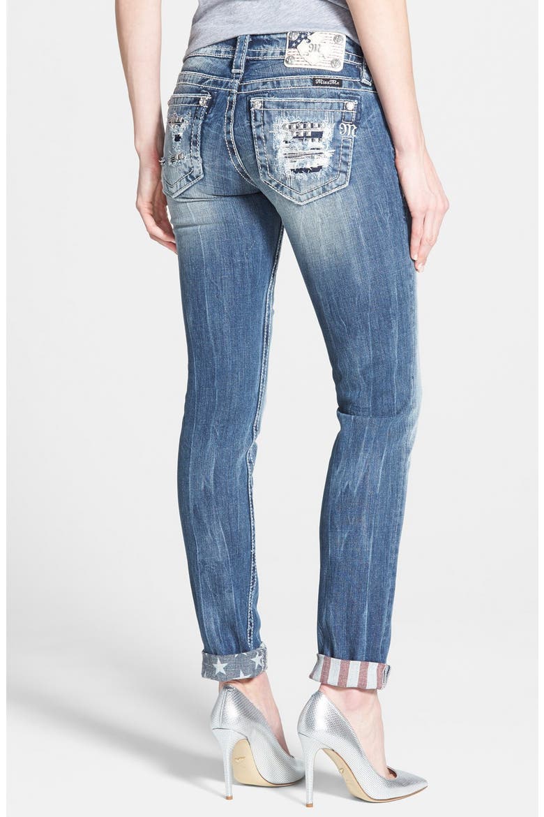 Embellished Distressed Roll Cuff Ankle Skinny Jeans, Alternate, color, BLUE