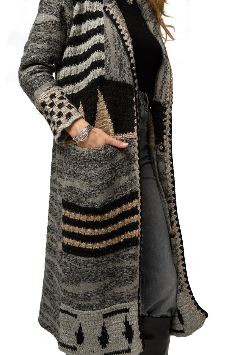 SAACHI Geometric Crochet Longline Cardigan, Alternate, color, Black