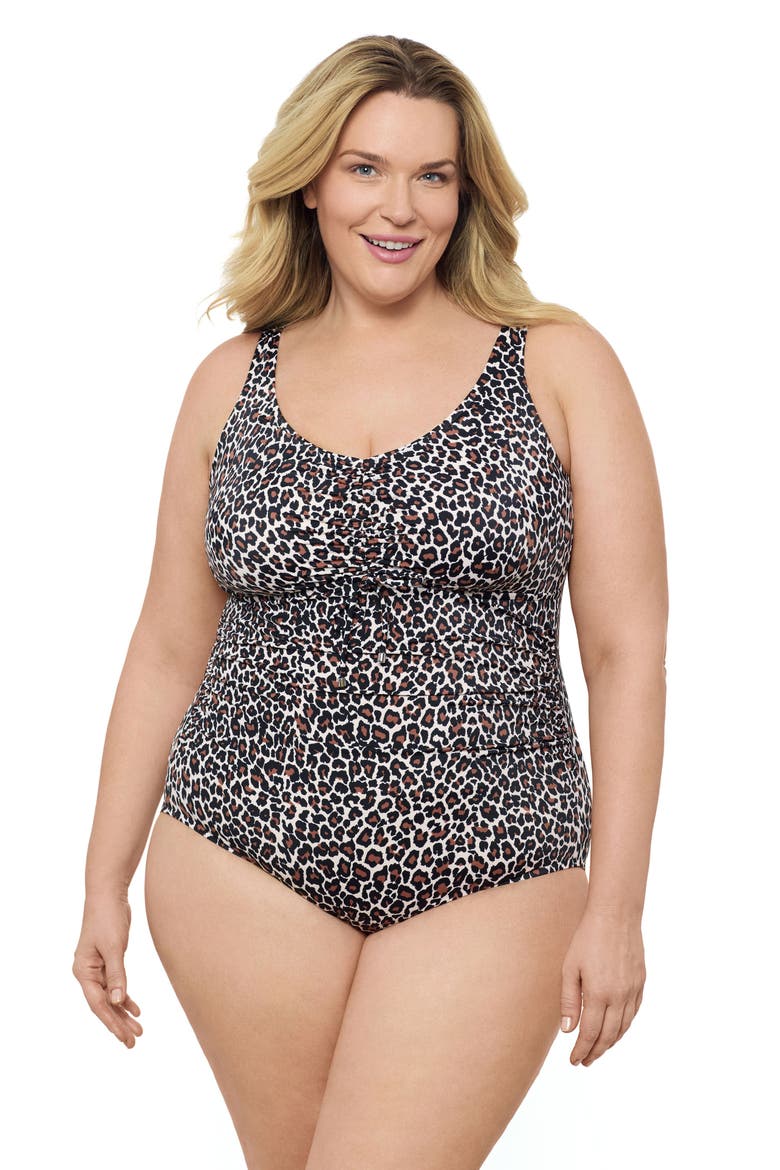 Plus Size Cinch V-neck Side Shirred One-Piece Swimsuit, Alternate, color, Desert Leopard