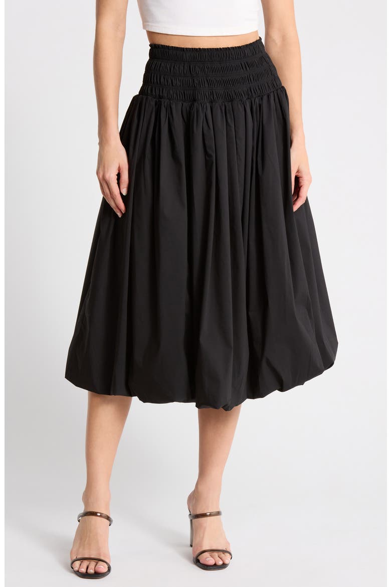 Smocked Waist Bubble Hem Pull-On Skirt, Main, color, BLACK