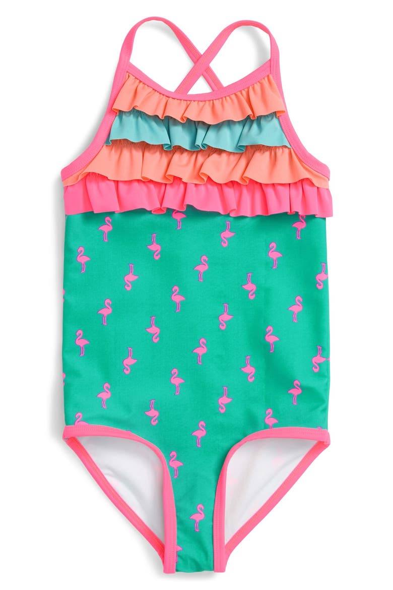 Ruffle & Stripe One-Piece Swimsuit, Main, color, TEAL WATERFALL FLAMINGO