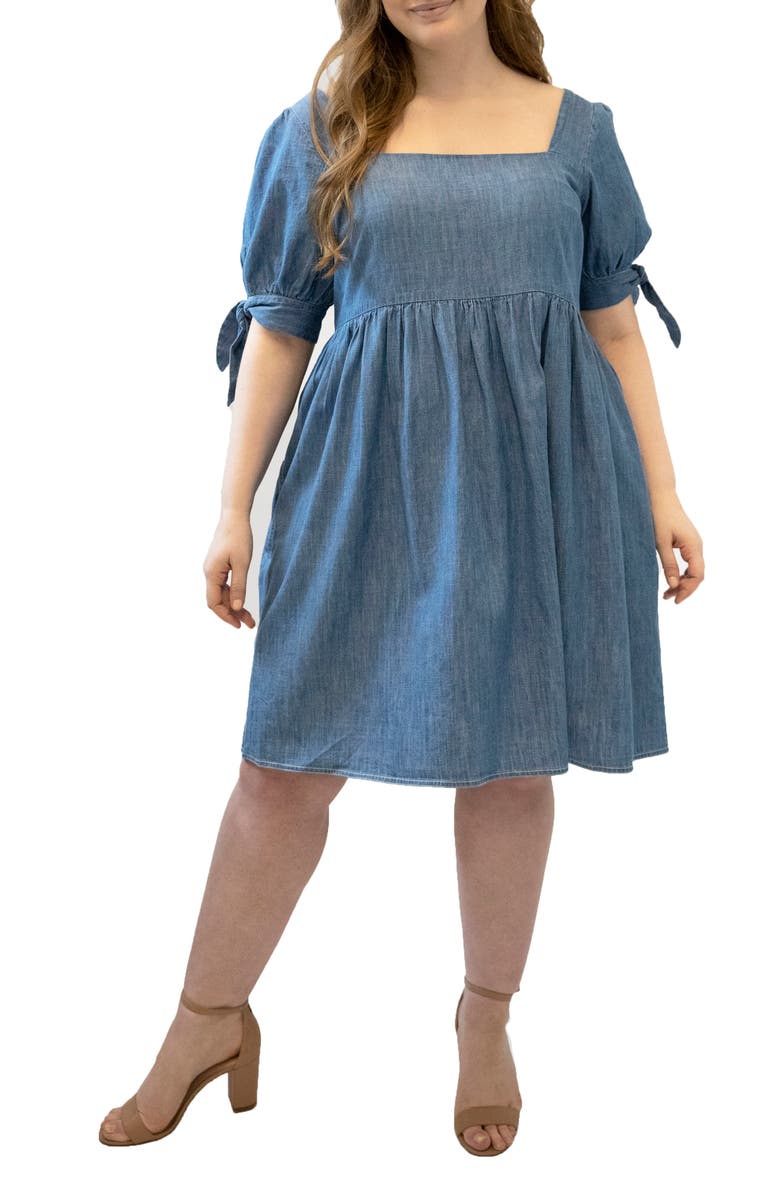 Marée Pour Toi Tie Sleeve Denim Babydoll Dress, Main, color, 
