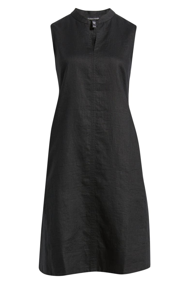 Split Collar Organic Linen A-Line Dress, Alternate, color, BLACK